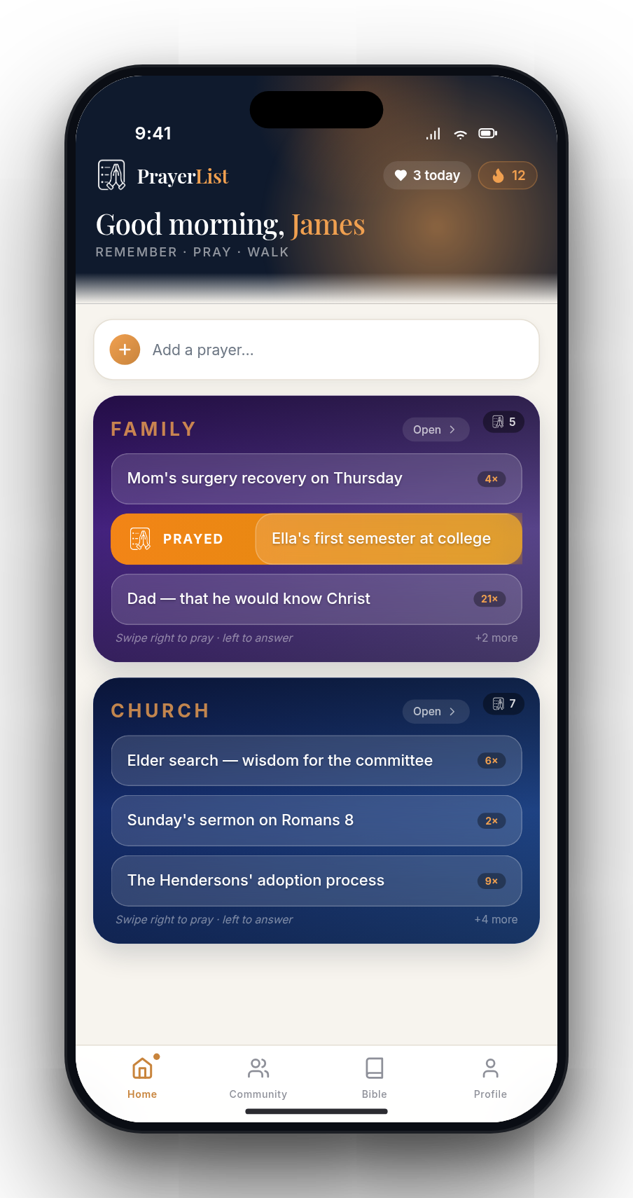 Swiping a prayer to mark it prayed
